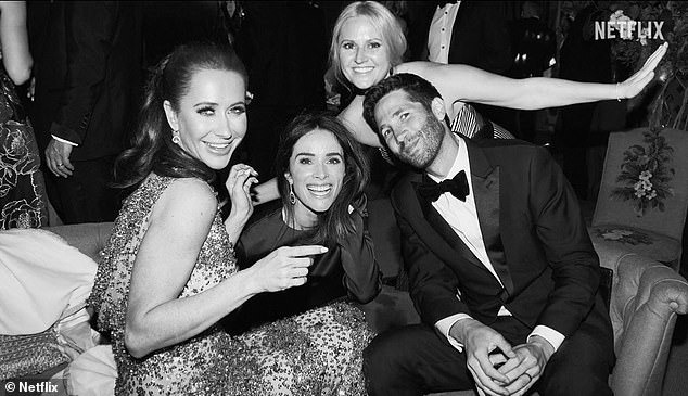 Jessica Mulroney has shared a photo of herself at Prince Harry and Meghan Markle's wedding in 2018, acknowledging the couple's Netflix docuseries, where she is mentioned by name, for the first time.  Pictured left to right: Jessica with Suits actress Abigail Spencer and other friends at their wedding reception.