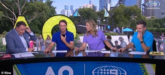 Millman calls De Minaur live on television after being goaded by Tony Jones (left), Alicia Molik (centre) and Todd Woodbridge.