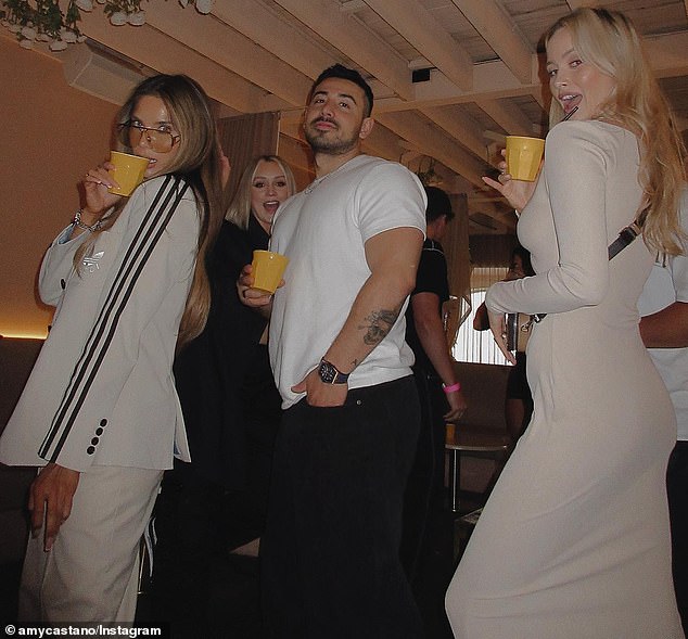 Amy Castano (left) showed she's on good terms with ex Jono (centre) and new girlfriend Simone Holtznagel (right) on Saturday when she shared photos of the trio partying at a Sydney nightclub.