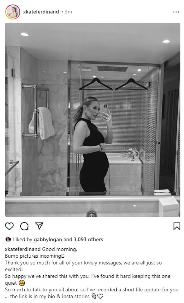 She's waiting: Kate Ferdinand gave social media followers a second look at her growing baby bump on Monday, just over a day after confirming her pregnancy