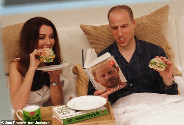 A pair of doppelgangers pretending to look like the Prince and Princess of Wales have posed with Prince Harry's dazzling memoirs Spare in a campaign to promote Birds Eye Green Cuisine (pictured)