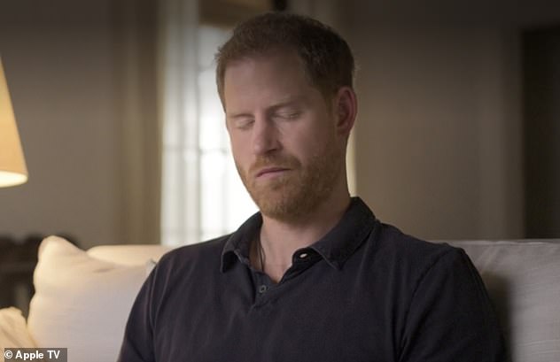 The Duke of Sussex closes his eyes during a therapy session featured in an Apple TV documentary series