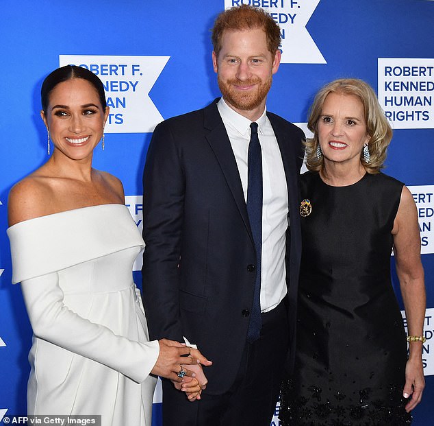 Meghan, Harry and Kerry Kennedy at the Ripple of Hope Award Gala in December.  They were honored by Kennedy for their work fighting 'racial injustice'