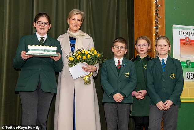 Sophie, Countess of Wessex celebrates her 58th birthday today (pictured with a birthday cake presented by Connaught Junior School)