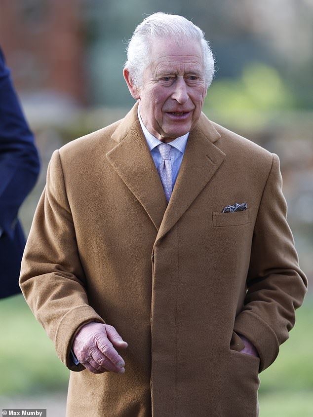 The King was pictured today attending a Sunday morning service at Sandringham in Norfolk following days of revelations in the memoirs of his son, Spare.