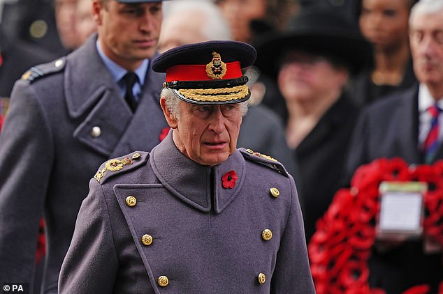 King Carlos III will break with tradition when he attends his coronation in May by opting for his military uniform instead of the standard royal dress.  In the photo of Remembrance Sunday last year