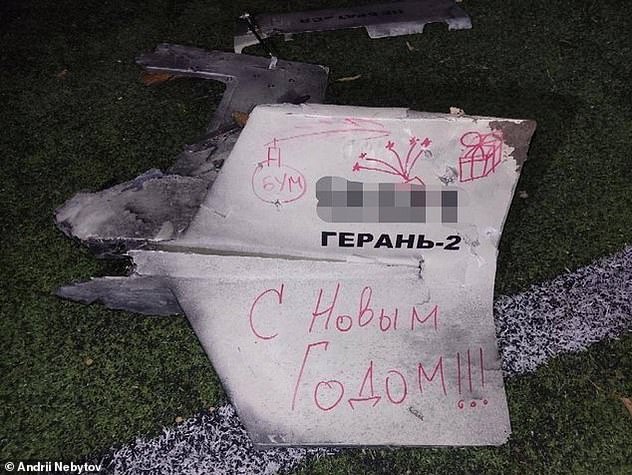 A Happy New Year message is written in Russian on what appears to be a part of an Iranian-made Shahed kamikaze drone fired in Kyiv last night.