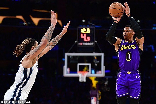 Lakers guard Russell Westbrook (0) shoots at Memphis Grizzlies forward Brandon Clarke