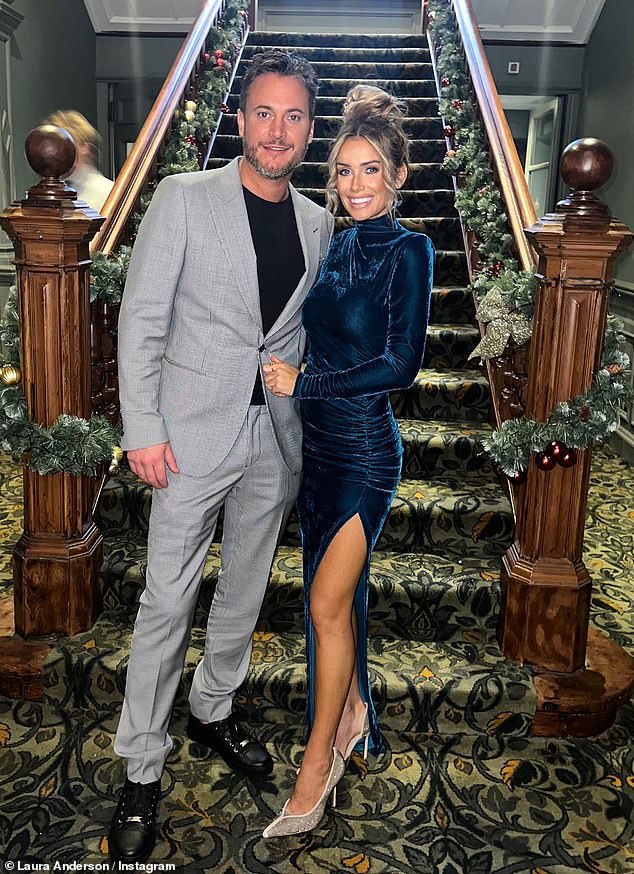 Happy New Year!  Laura Anderson, 33, oozed elegance in a blue velvet gown as she and her boyfriend Gary Lucy, 41, celebrated New Year's Eve together in Glasgow on Saturday.