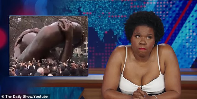 Comedian Leslie Jones returned to television as a guest host of The Daily Show on Tuesday, bringing her outrageous sense of humor to the controversy over the new Martin Luther King Jr. statue in Boston.