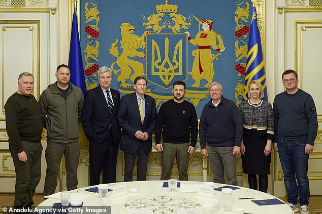 President of Ukraine Volodymyr Zelensky (4th from right) meets with US Senator Lindsey Graham (3rd from right), Senator Richard Blumenthal (4th from left) and Senator Sheldon Whitehouse ( 3rd from left to right) in Kyiv, Ukraine on January 20, 2023