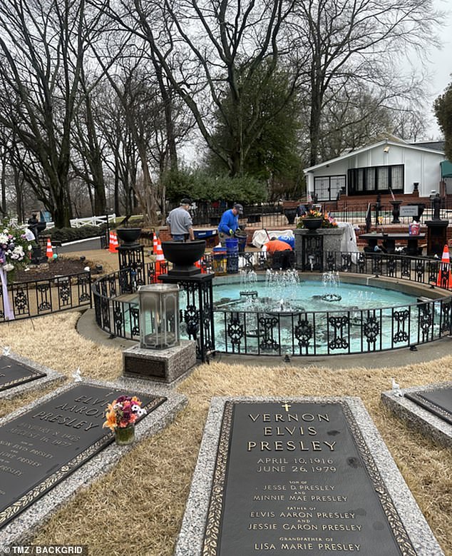 Lisa Marie Presley has been buried next to her son Benjamin Keough in the Meditation Garden at Graceland, near her father Elvis (pictured: grave preparations earlier this week)