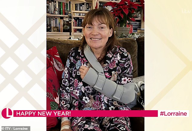 Recovery: Lorraine Kelly, 63, revealed that she underwent minimally invasive surgery on her shoulder over the festive period on Tuesday.