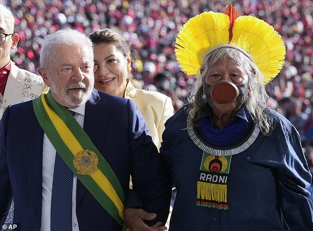 Lula da Silva, 77, took office as Brazil's president for his third term.  Luca is shown on the left walking with a group representing various segments of society.