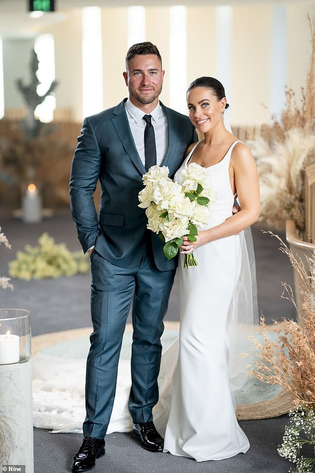 Harrison Boon's (left) fairytale wedding to Bronte Schofield (right) turned into a nightmare during Monday's episode of MAFS after a guest revealed a shocking secret at the reception.