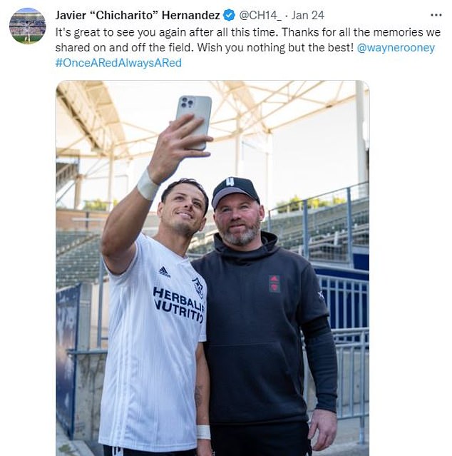 Man United Javier Hernandez poses with former team mate Wayne Rooney