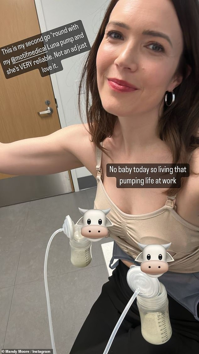 Pumped: Mandy Moore has been using a breast pump at work.  The 38-year-old star who has been married to musician Taylor Goldsmith since 2018 and already has 23-month-old Gus with him, gave birth to son Oscar in October, taking to Instagram on Monday to show that she was pumping.  breast milk on the set of her hit TV show This Is Us