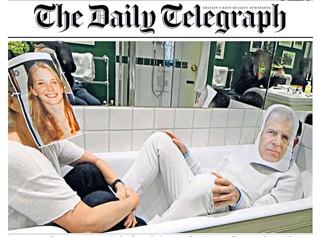 A photo on the front page of the Daily Telegraph showed a man and woman lying fully clothed in a bathroom in the former London home of convicted child sex trafficker Ghislaine Maxwell, wearing makeshift masks bearing the faces of the Prince and his accuser.