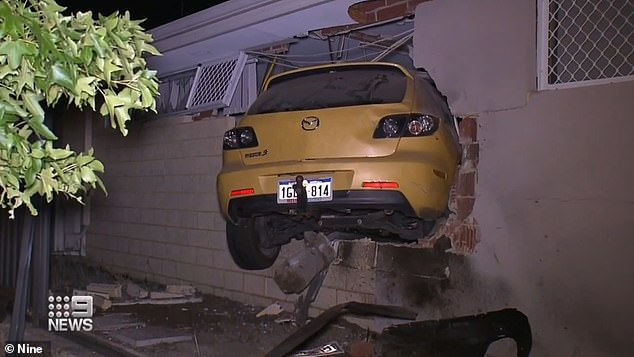 Eddie Flynn was sleeping in the front bedroom of the Verbana Rd property in Aveley, Perth, when a yellow Mazda drove through his bedroom wall at around 11:20pm