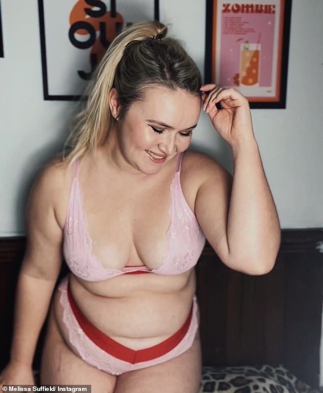 Confident: Melissa Suffield has raised up a storm in a baby pink lace lingerie set after encouraging mums not to hide their 'mum tum'