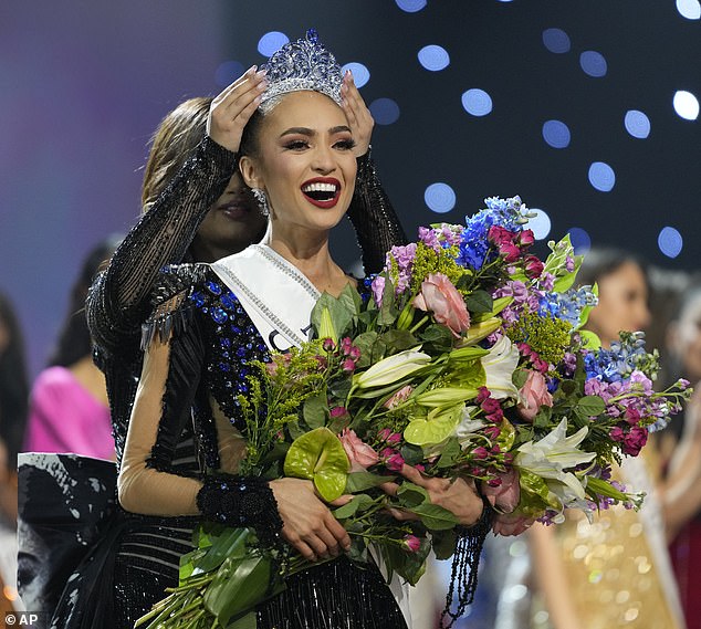 The CEO of Miss Universe has denied allegations that the beauty pageant was rigged so that R'Bonney Gabriel of the United States could win the competition.  Pictured: Gabriel smiles as she is crowned Miss Universe in New Orleans on Saturday night.