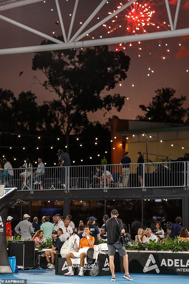 Novak Djokovic's tennis matches often provide fireworks, but Friday night at the Adelaide International was literally the case (pictured)