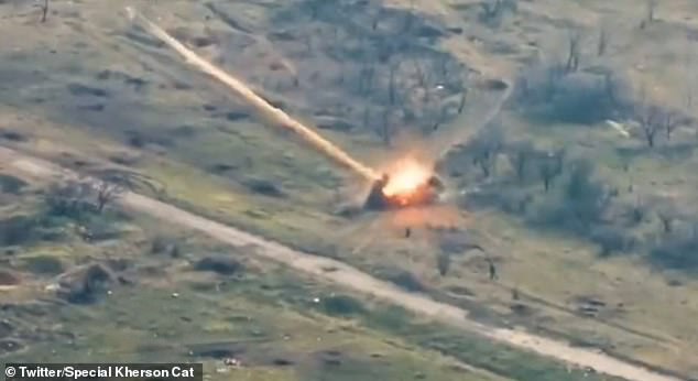 The footage shows the moment when Russian troops are attacked by the weapon.