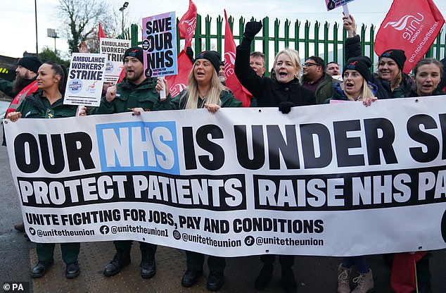 General Secretary Sharon Graham (centre) said ambulance staff had been 'demonised' by government. Pictured: Ambulance workers on the picket line in Coventry on December 21