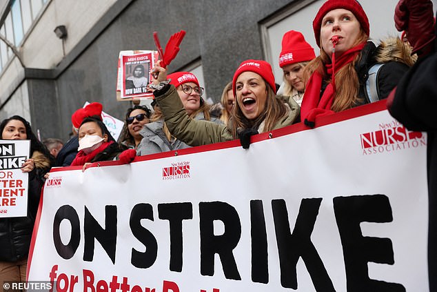 NYSNA nurses protest as they leave work Monday, January 9 after failing to agree on the terms of a contract over the weekend