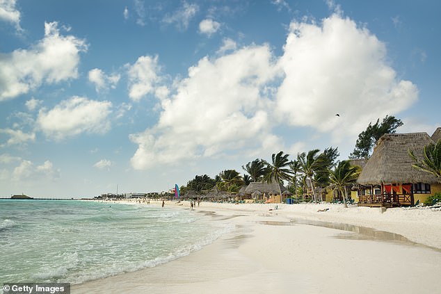 Lina Dilipkumar, 38, asked her husband to take their beach bag back up to the hotel room while she swam with her daughters during a family holiday. Pictured: Beach resort hotels and beach chairs along the Caribbean Sea beach of Playa del Carmen