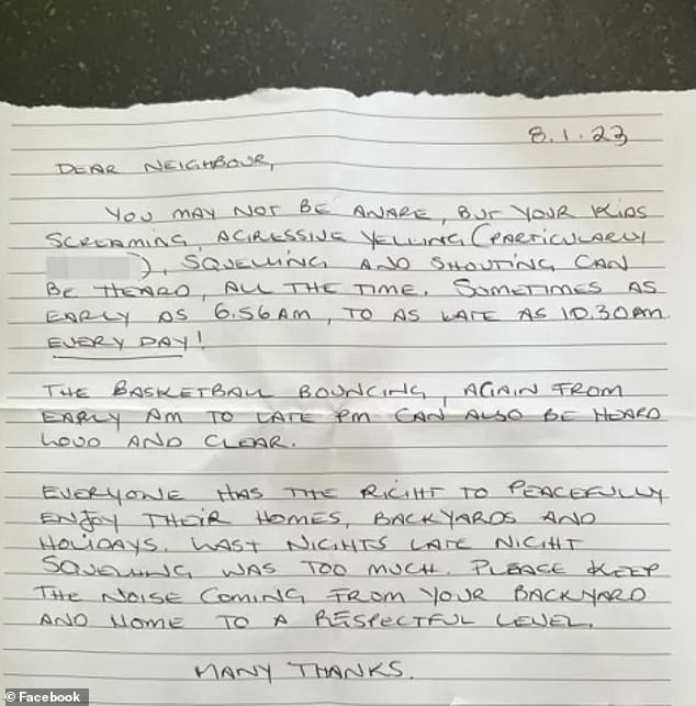 A mother of three shared a neighbor's handwritten letter (pictured) to the mothers' support group on Facebook, asking for advice on how to handle the situation.