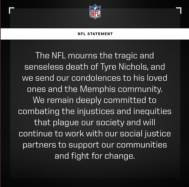 The NFL issued a statement Saturday, offering condolences to the family of the 29-year-old Nichols.