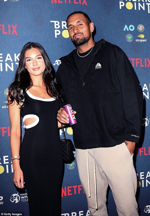 Kyrgios (pictured with girlfriend Costeen Hatzi at the Break Point premiere) hasn't watched any of the show despite calling it 