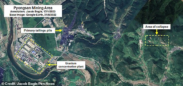 Jacob Bogle, who has created a comprehensive map of the country from satellite photos, discovered the collapse in recent images of the Pyongsan mine.