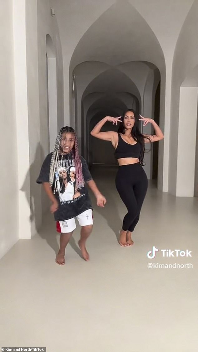 Dance party!  Nine-year-old North West uploaded several hilarious clips to her TikTok account Tuesday, including one in which she teamed up with Kim, 42, to perform the latest viral dance.