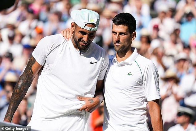 Australian tennis legend Todd Woodbridge has accused Novak Djokovic (pictured with Kyrgios after the 2022 Wimbledon final) of playing mind games with Nick Kyrgios after the Serbian superstar turned down the Australian's chances at the Australian Open.