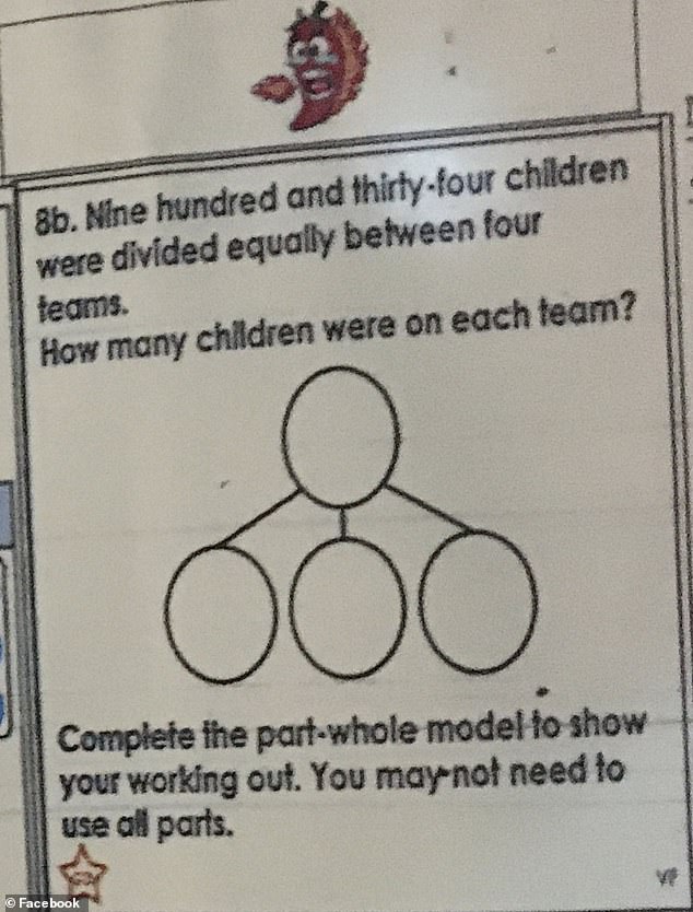 Parents scratch their heads over a confusing question in a 10-year-old's math homework book