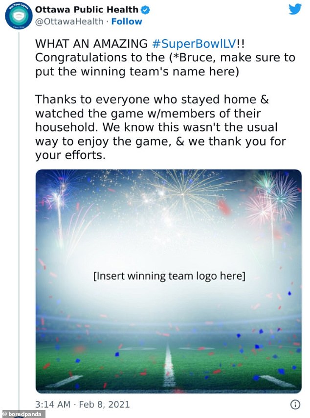 The Ottawa Public Health agency was red-faced after posting a tweet congratulating a sports team without first updating it with the correct information.