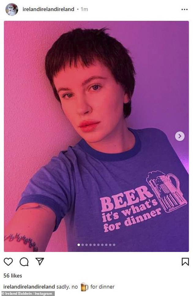 'Sadly no beer for dinner': Pregnant Ireland Baldwin, 27, took to Instagram on Wednesday to show off her pregnancy glow and make a beer joke.