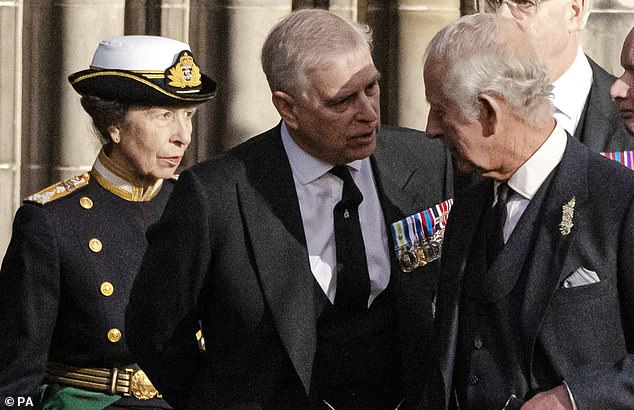 The source says Prince Andrew's (centre) attempts to return to public life are wishful thinking (Andrew pictured, with the Princess Royal on the left and King Charles on the right)