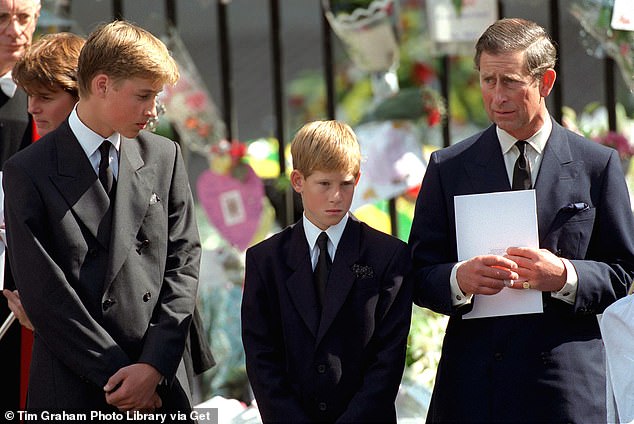 Prince Harry (pictured with William and King Charles at Princess Diana's funeral in 1997) recalled being told of the death of his mother by his father, who claims she did not hug him as he delivered the news .  The revelation comes from his explosive new memory 'Spare' which was released today in Spain