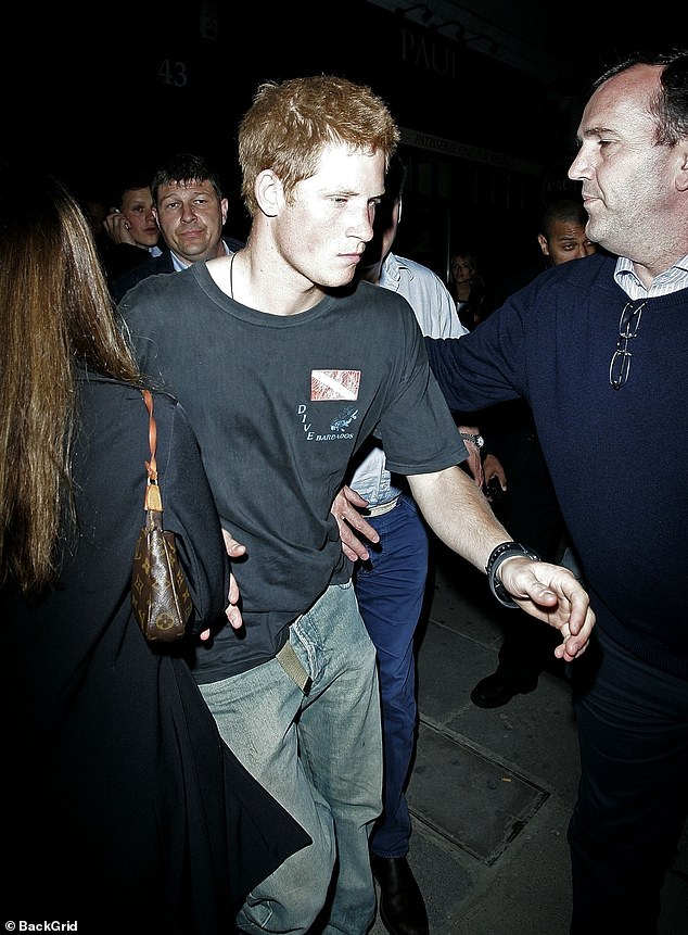 Prince Harry, pictured here leaving Bouijis in South Kensington in 2006, claims he was confronted by a talking bin during a bad mushroom trip.