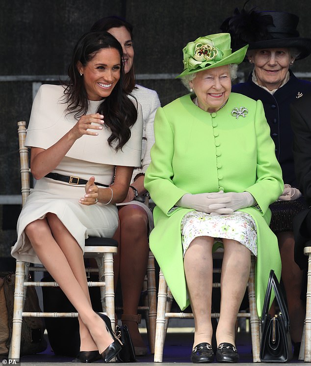 Meghan spoke to the Queen about her desire to have children during their first joint engagement on June 14, 2018, pictured, Harry writes in his memoir Spare