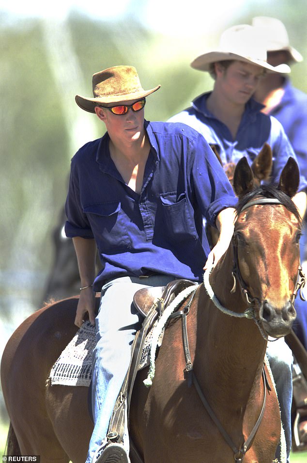 Prince Harry has revealed the one job he didn't dare do during his stint as a teenage jackaroo in Outback Queensland: castrating calves.  He is pictured at the Tooloombilla station in Queensland with the station owner's son, George Hill, who became a mentor to him.