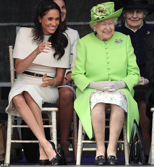 In his memoir Spare, Prince Harry recalled the first time Meghan Markle (left) met her grandmother The Queen (right) at the Royal Lodge in 2016.