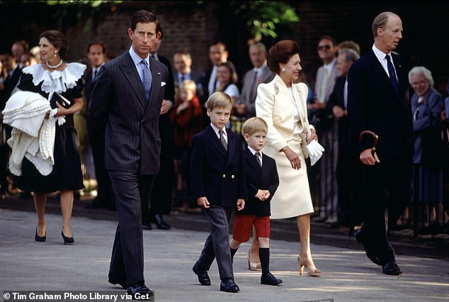 Prince Harry has revealed that Princess Margaret only bought him a Biro with a rubber fish around it for Christmas one year.  Left to right: The then-Prince Charles, Prince William, Prince Harry and Princess Margaret walk into the Kensington Conservatory.