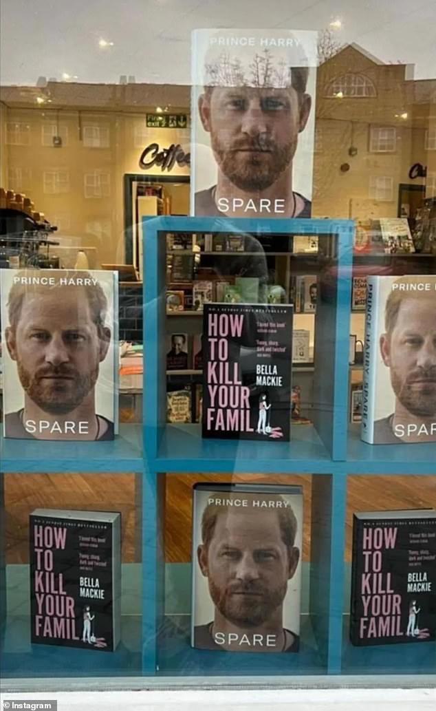 Crown Princess Marie-Chantal of Greece took to Instagram to share this cheeky book display from Bert's Books in Swindon.  The independent bookshop has displayed Prince Harry's memoir Spare alongside Bella Mackie's novel How To Kill Your Family.