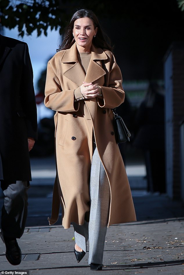 Queen Letizia looked effortlessly chic in a camel coat, checkered trousers, brown knitwear and pointy heels for her engagement at the Spanish Federation for Rare Diseases in Madrid today.