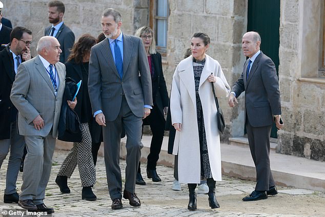 King Felipe I and Queen Letizia of Spain, 50, visited Isla del Rey in Menorca this morning, in their first joint engagement since the death of their uncle, King Constantine of Greece.