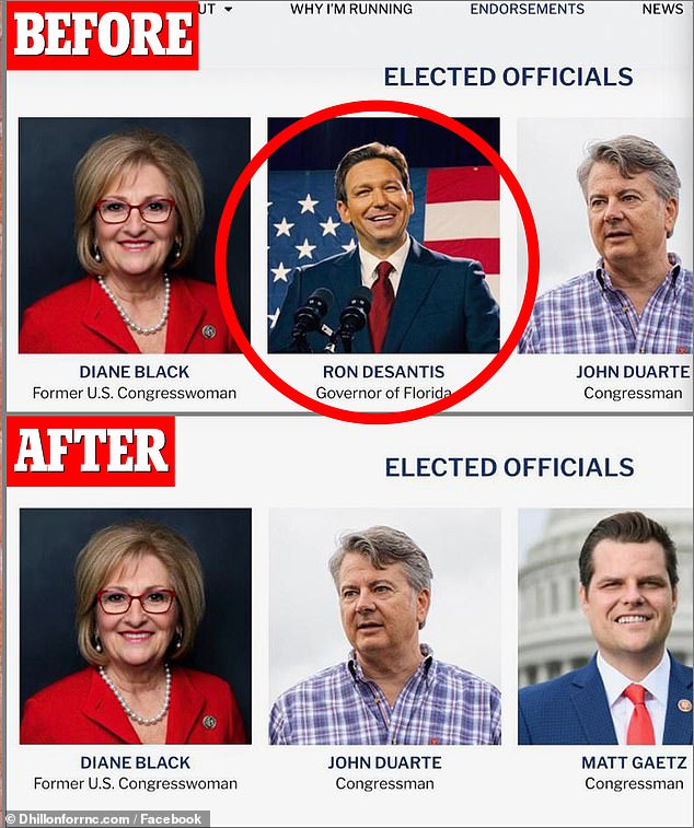 Harmeet Dhillon's campaign added Florida Gov. Ron DeSantis to its website's endorsements page, before promptly removing him.  Dhillon has made it clear that she does not want endorsements from potential 2024 candidates in order to remain neutral, if she is elected.